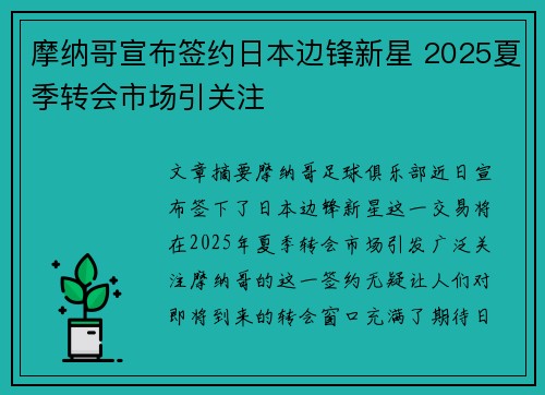 摩纳哥宣布签约日本边锋新星 2025夏季转会市场引关注 摩纳哥宣布签约日本边锋新星 2025夏季转会市场引关注