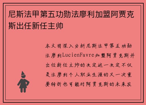 尼斯法甲第五功勋法廖利加盟阿贾克斯出任新任主帅
